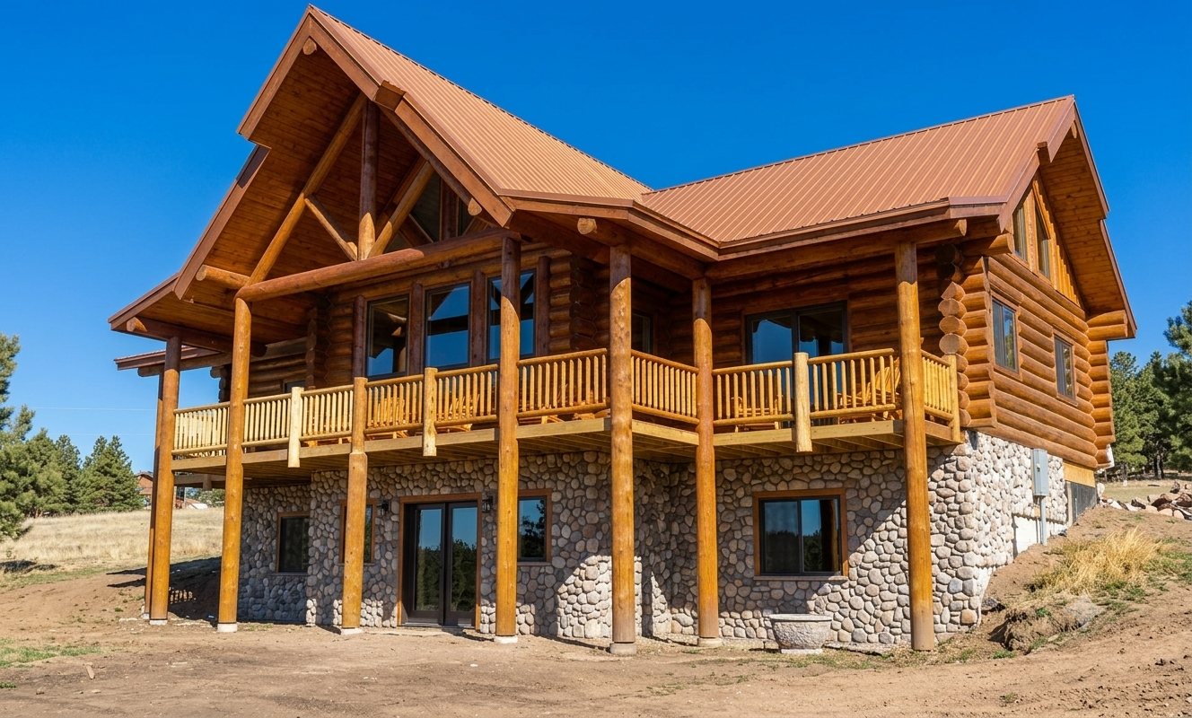 The same log home from the corner, its wraparound deck carried on log posts above a stone-faced walkout level.