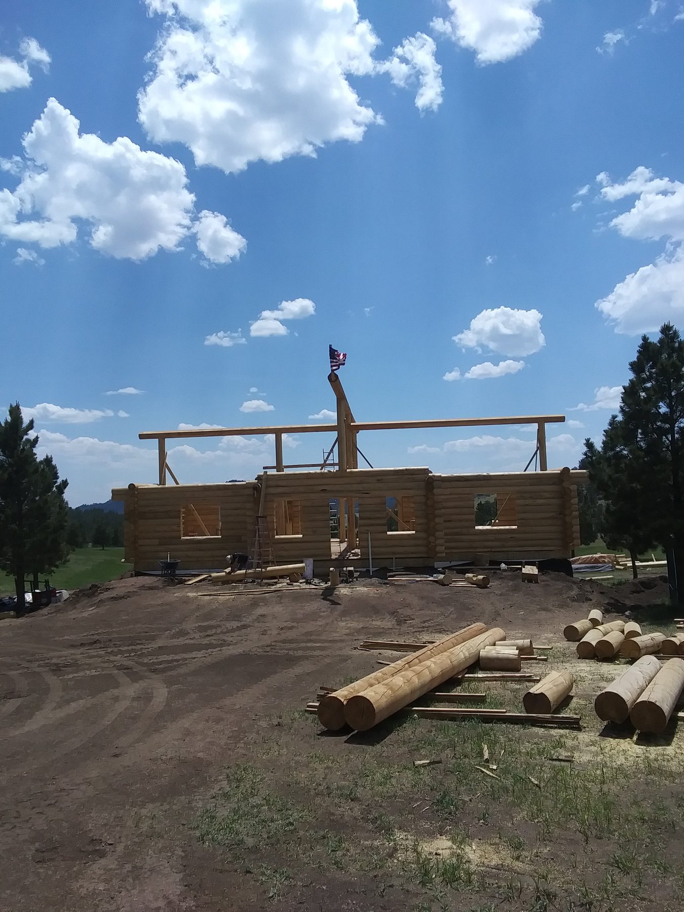 Log walls rising past window height along the full length of the building.